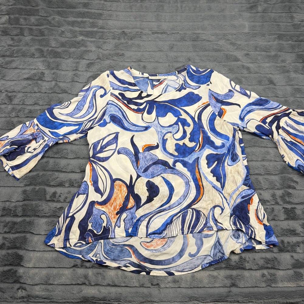 Bryn Walker Italian Viscose Abstract Swirl Bell Sleeve Blouse Blue Orange 11901